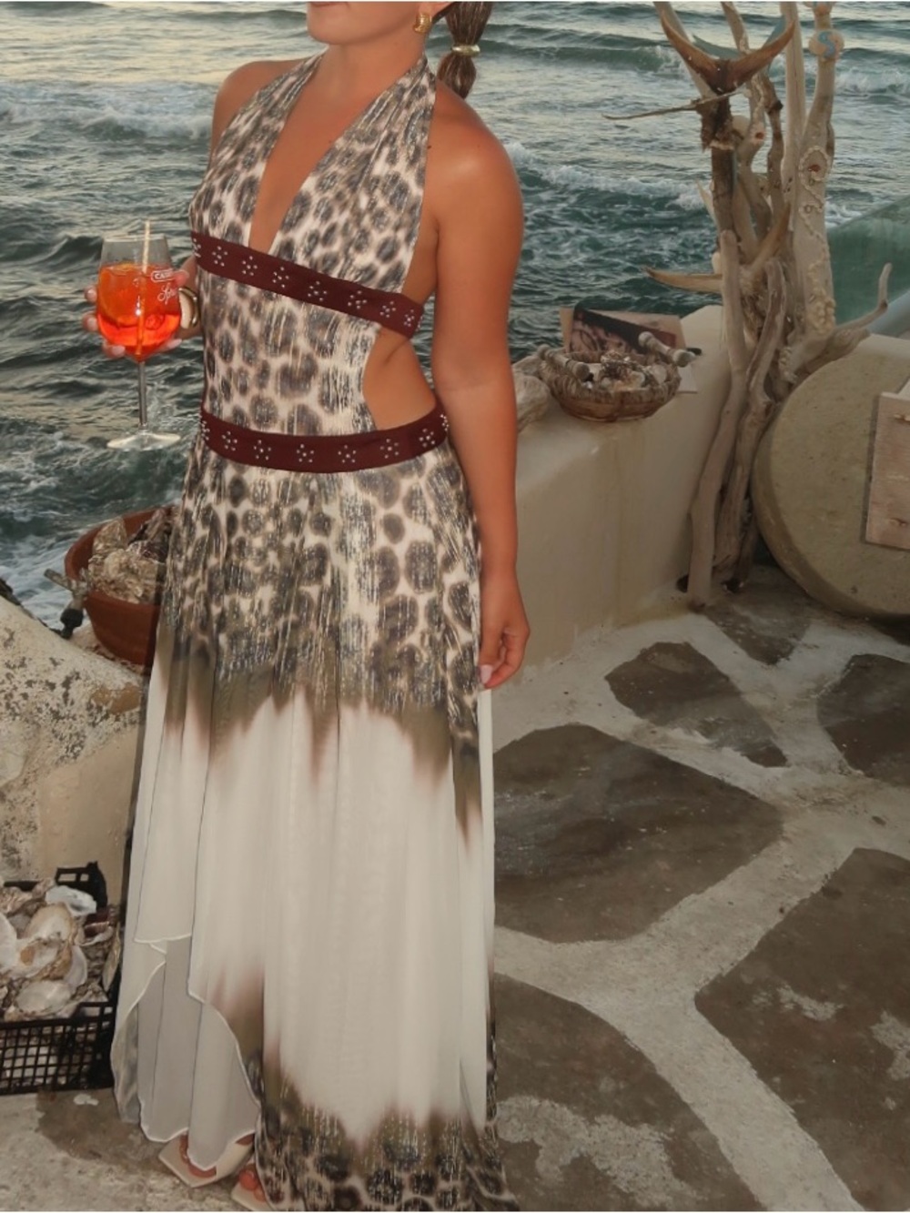 Halter Maxi Dress with Leopard Ombre Print - White & Brown